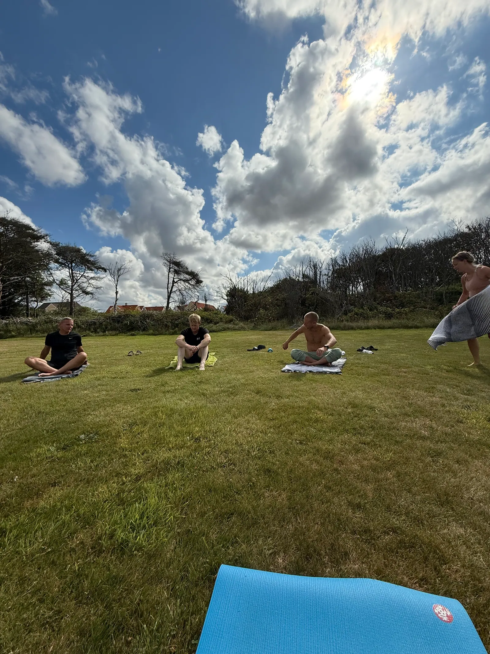 Gruppe på yogamatter i sommereng